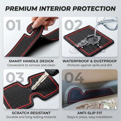Image of Car Drome | Door Cup Mat Set for Maruti Suzuki Swift Dzire 2018 Onwards | Premium Non-Slip Rubber Inserts | Custom Fit 11 Pieces | Red Trim Interior Car Accessories | Dustproof & Waterproof