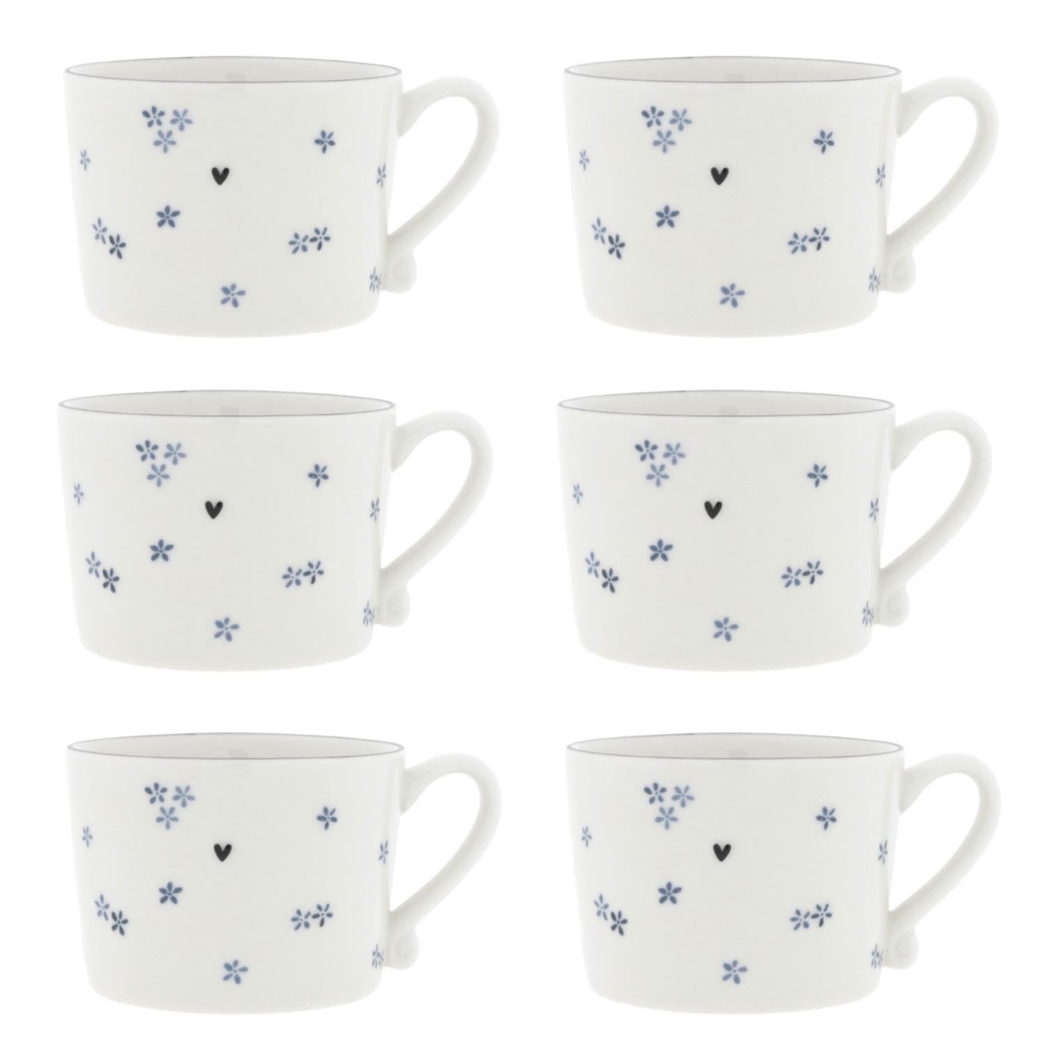 Bastion Collections Set di 6 tazze in ceramica con margherite e fiori, colore bianco e blu, 300 ml