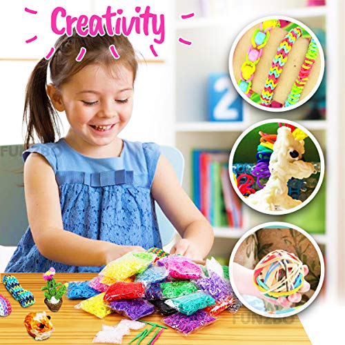 13,500+ FunzBo Rainbow Rubber Band Loom Refill Kit - 3 in 1 Super Colorful Rubber Loom Bands for Bracelet, Hair Band, DIY Arts and Crafts - Perfect Gift for Kids Age 5 6 7 8 Year Old Girls Crafting