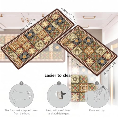 Image of Kitchen Runner Mat Set of 2, PVC Vintage Tile Design