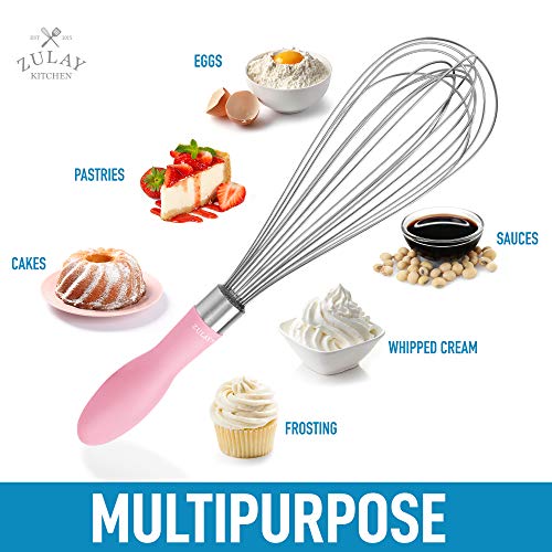 Zulay 12-Inch Stainless Steel Whisk - Balloon Whisk Kitchen Tool With Soft Silicone Handle - Thick Durable Wired Whisk Utensil For Blending, Beating, Whisking, Frothing, Stirring & More (Pink) #TOP1