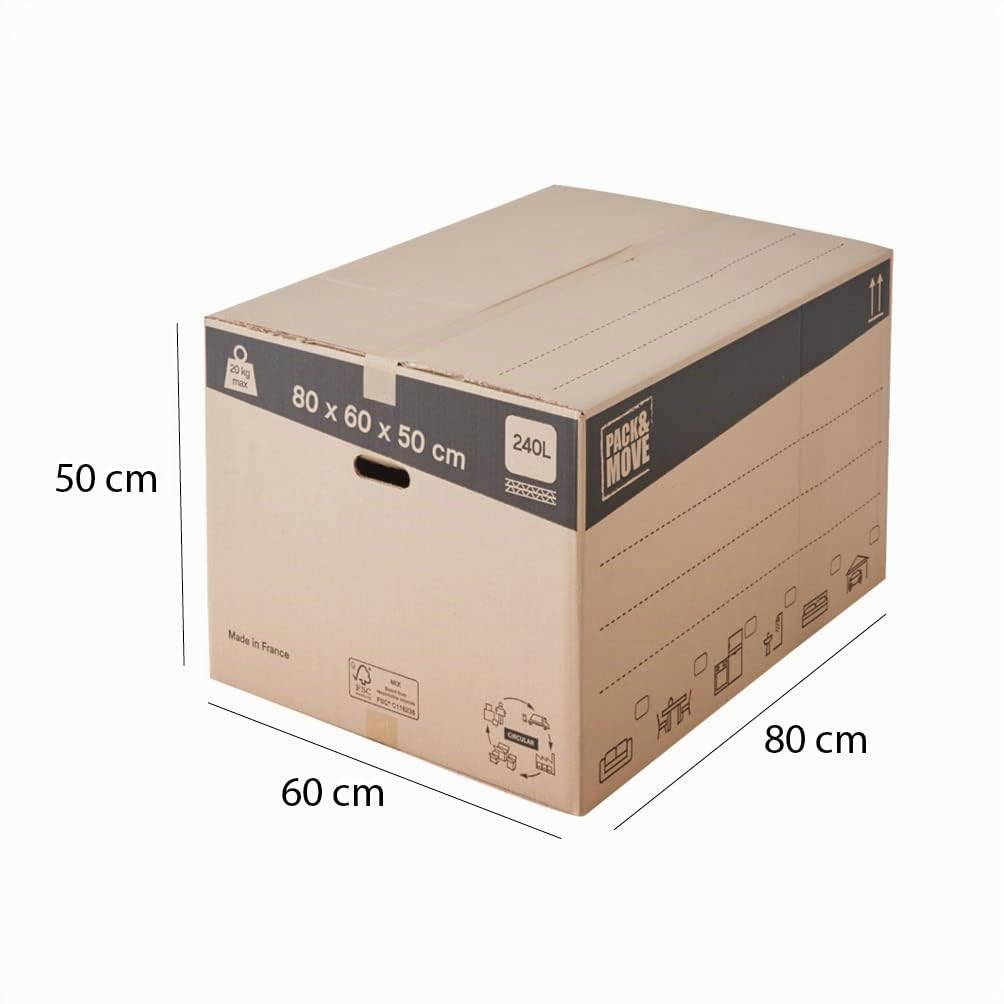 Pack and Move - Lot 30 cartons déménagement XXL - 80 x 60 x 50 cm - Poignées renforcées - 3 adhésifs offerts