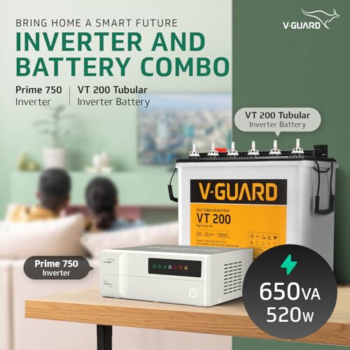 Image of V-Guard Inverter & Battery Combo (750 Pure Sine Wave 650VA / 12V Inverter, VT 200 200Ah Tall Tubular Battery) for Home, Office & Shops