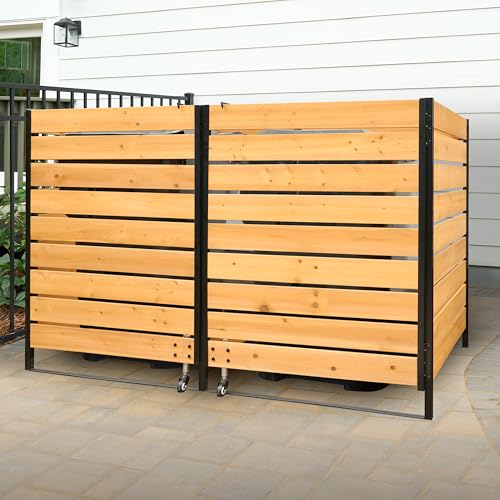 4.2ft H x 6.6ft W x 3.4ft L Enclo Outdoor Trash Can Storage Shed, Outdoor Storage Cabinet, Dual Trash Bin Fence with Rolling Doors, Garbage Can Enclosure, Hide Garbage Bins from View, Oscar AZ18045