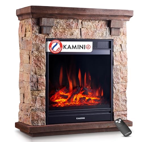 KAMINIO Cheminée électrique Juan - Cheminée sur Pied Aspect Pierre avec Fonction Chauffage, Effet Flammes 3D, télécommande (Beige)