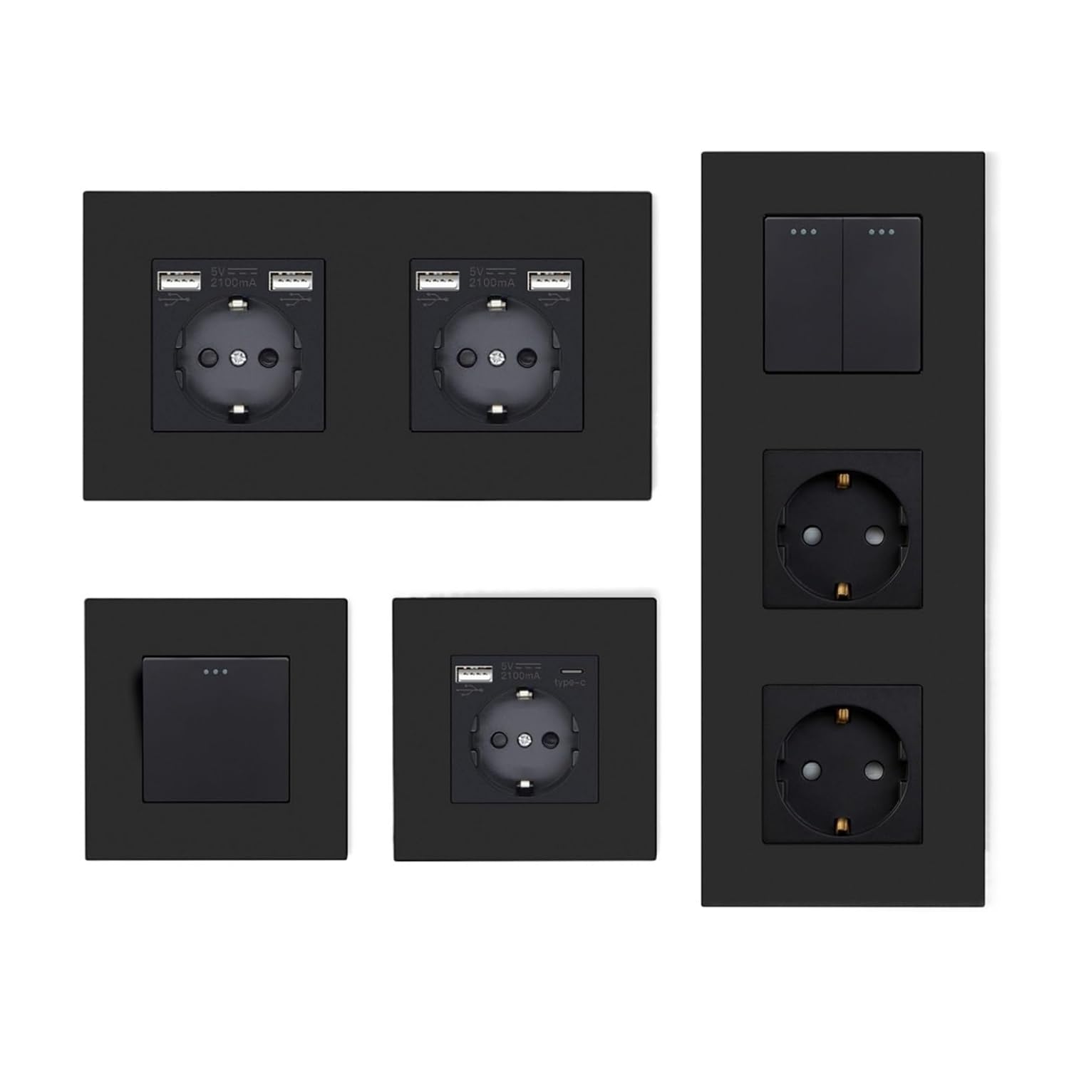 EU Button Switches with Power Socket 1/2/3Gang 1Way Electrical Outlets with USB Type-C Wall Socket 16A Plastic Panel(Single Socket)