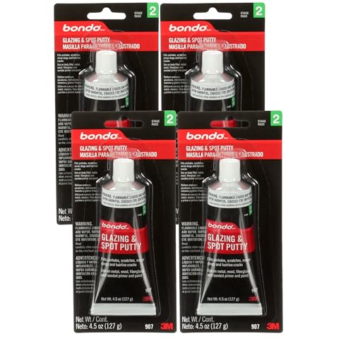 3M Bondo Glazing and Spot Putty 4 Pack (4 x 4.5 oz Tubes = 18 oz Total) Nitrocellulose red auto Body Glazing Putty for pinhole, Scratch and Small dent Repair on Metal, Fiberglass and Wood