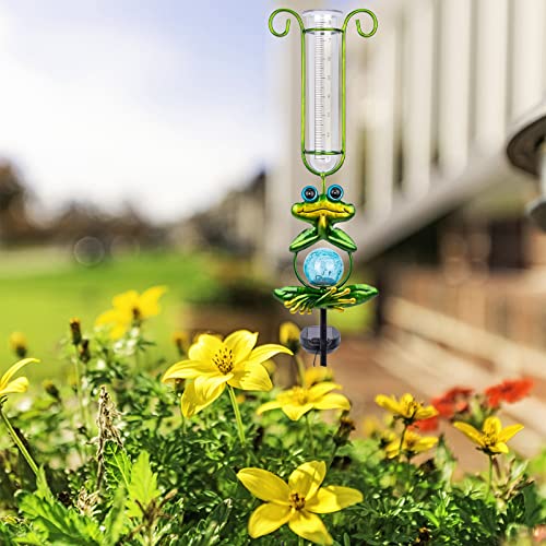 Frog Rain Gauge Outdoor - 35 Inch Decorative Metal Solar Powered Lighted Rain Gauges Stake For Garden Yard Outdoors Fence Decoration, 8 Inch Capacity Glass Tube #TOP7