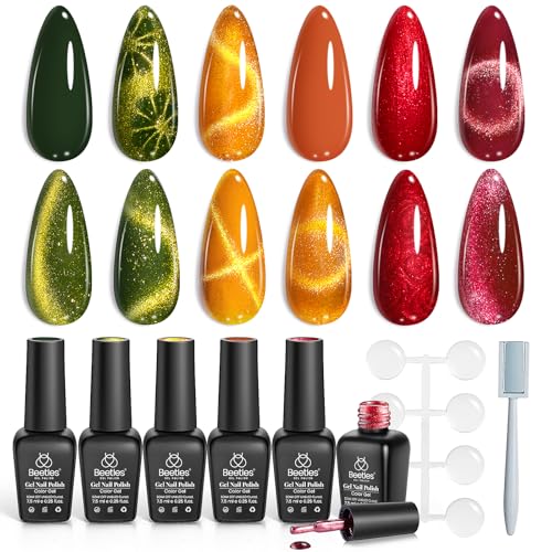 Beetles Cat Eye Gel Nail Polish Set, 6 Colors Red Burgundy Gel Olive Green Cat Eye and Pearl Nail Polish with Magnet Soak Off LED Nail Art Kit DIY Salon at Home Gifts for Women