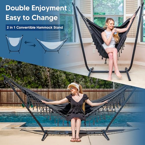Image of SUNCREAT 2-in-1 Outdoor Hammock and Stand, Patented, Dark Grey with Tassel