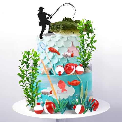 25 St Fische Angeln Tortendeko Angeln Cake Toppers im Fisch Deko für die Dekoration Aller Arten von Kuchen oder Desserts für die Fischerei Themengeburtstagsfeiern, Urlaubspartys, Turnier Feiern,Taufe