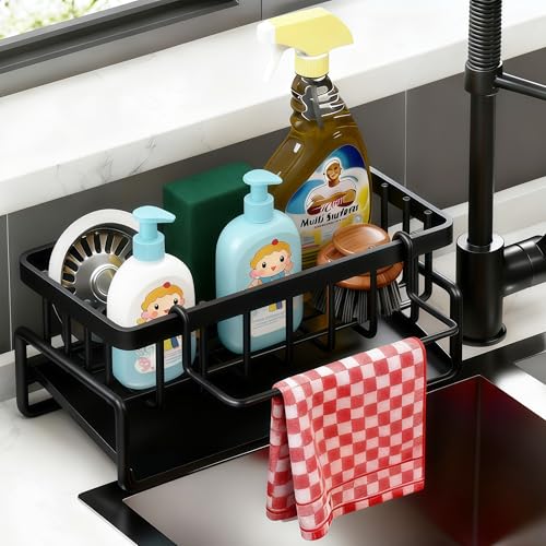 Lotgnimry Sponge Holder for Kitchen, Sink Caddy Organizer Rack for Kitchen Accessories, Soap Dispenser Countertop Organizer Essentials for Home (Black)