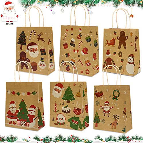 12 Pièces Sacs de Cadeaux de Noël, Sac Cadeau Avec Anse, Pochettes Cadeaux en Papier Kraft de Noël pour Emballer Des Collations De Noël, Des Bonbons, Appropriés pour les Fêtes De Noël (C) Cover