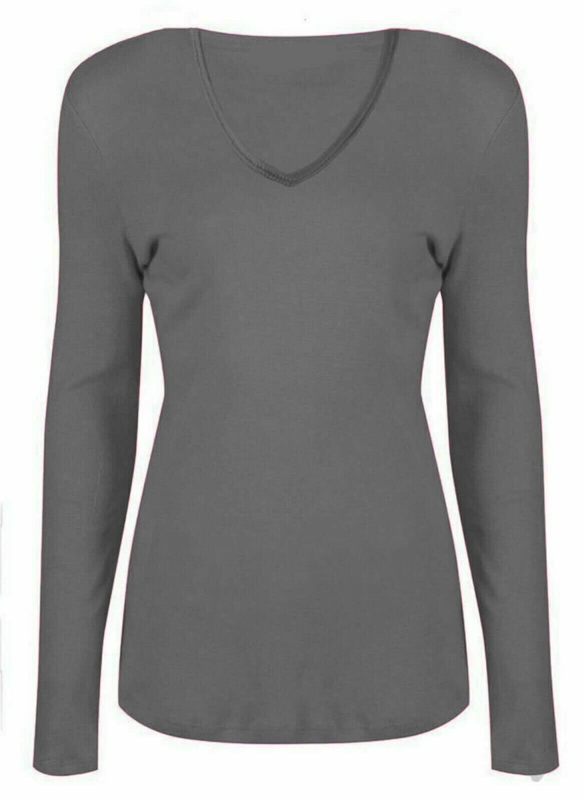 Wearall Women's Dark Grey New V Neck Stretch Long Sleeve Top 8/10