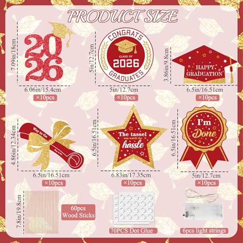 Image of Graduation Decorations for Class of 2026-60pcs Glitter Red Gold Graduation Table Centerpieces Sticks with LED String Lights for College High School 2026 Graduation Party Favors Supplies