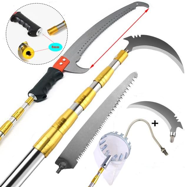 Telescopic Fruit Picker Tool Set - 6-in-1 Stainless Steel Extension Pole with Branch Saw, Fruit Picker Basket & Pruning Head, Adjustable Harvesting Tool for Pear, Peach, Persimmon (Silver, 3m)