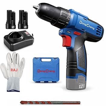 DongCheng DCJZ1202E Cordless Drill Driver, 10mm, 12V Li-Ion Battery Drill Machine with 2 x 2.0Ah Batteries, 35Nm Torque, 2-Speed for Drilling & Screw Driving