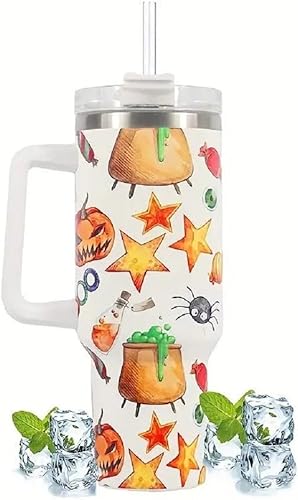 Vaso aislado al vacío de acero inoxidable de 40 onzas con tapa y popote para agua, té helado o café (Halloween-blanco)