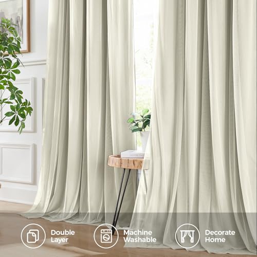Image of 100% Blackout Curtains for Bedroom, Double Layer Ivory Curtains, Black Out Curtain 72 inch Long with Sheer Overlay for Living Room, Room Darkening Window Drapes with Grommet, 52 inch W x 72 inch L