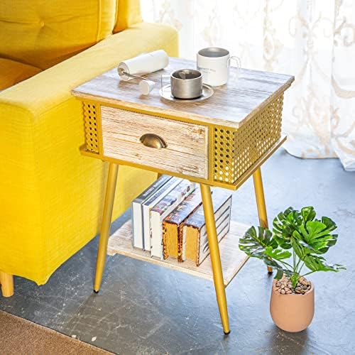 Hoeneo End Table with 1 Drawer,Solid Wood Sofa Side Table,Bedroom Storage Nightstand,Rustic Furniture Easy Assembly (Gold)