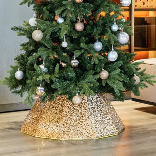 Taylor & Brown Dazzling Sequin Diamond Christmas Tree Skirt Stand Base Xmas Natural Folding Collar Basket Cover Decoration Tidy Home Decor 68 x 25cm (Gold)