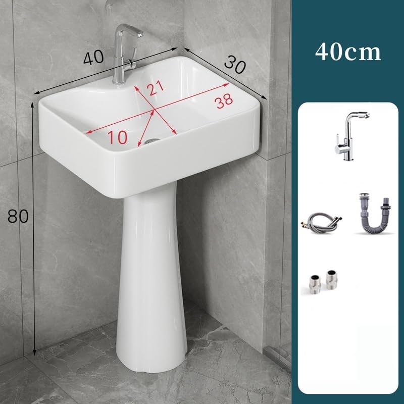 Fregadero de baño independiente moderno con grifo y kit de drenaje, lavabo compacto de pie para el hogar, diseño que ahorra espacio, elegante accesorio de baño pequeño