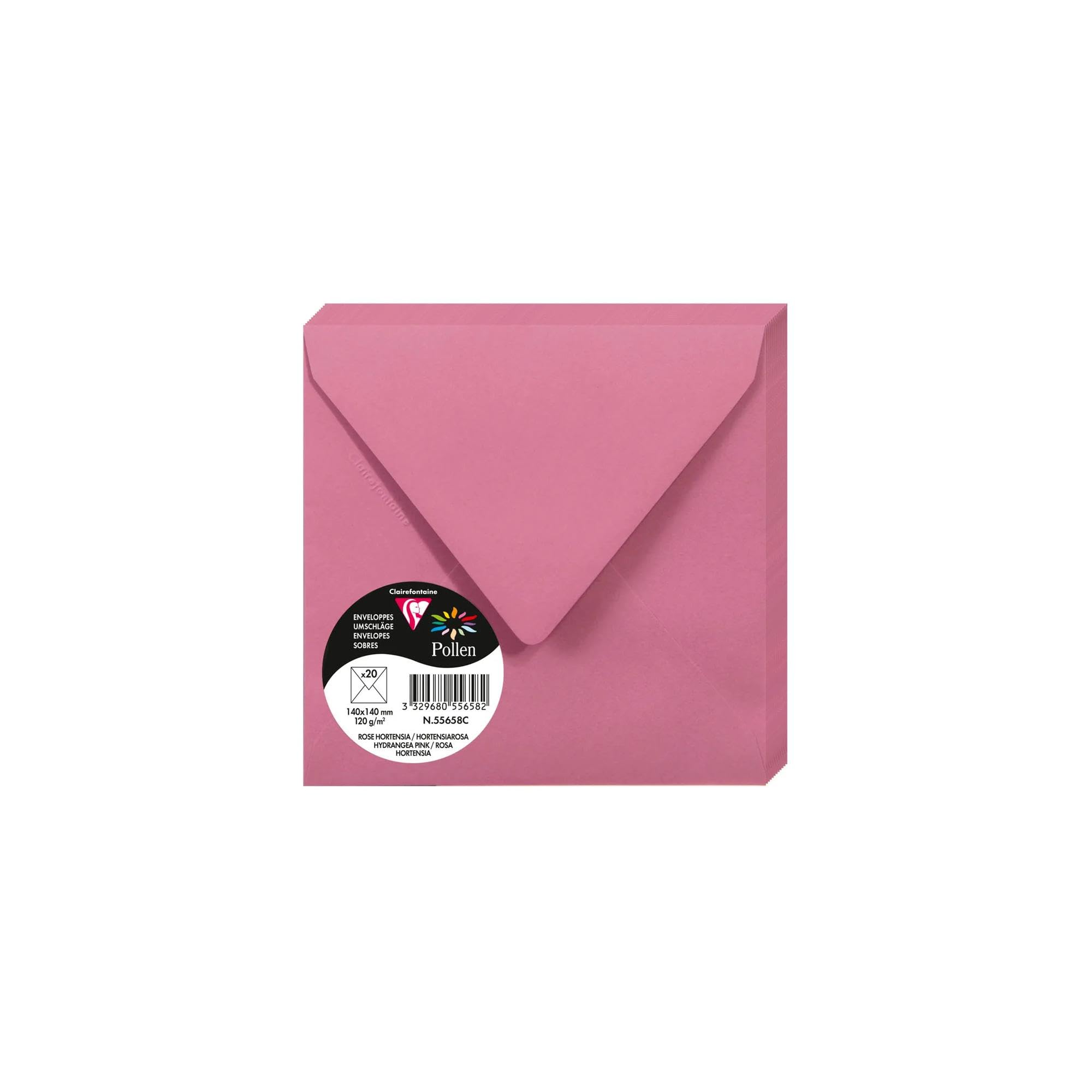 Clairefontaine 55658C Pack of 20 Gummed Envelopes Square 14x14cm 120g/m² Colour Hydrangea Pink Invitation Events Correspondence Range Pollen Premium Paper