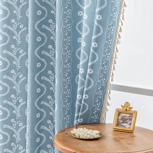 Image of Boho Curtains 84 Inch Long for Living Room, Bedroom, 2 Panels Floral Farmhouse Vintage Tassel Semi Sheer Light Filtering Privacy Window Curtain Drapes with Rod Pocket,Dusty Blue