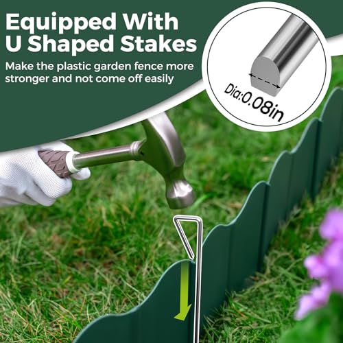 HIKUIBU Garden Edging Border, 25PCS Plastic Landscape Edging Border No Dig, Garden Fence Edgings with 15 Landscaping Stakes, Garden Border Edging for Outdoor Patio Pathway, Green - Thumbnail 5