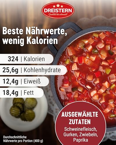 DREISTERN Soljanka 400g I Mit Kasseler & Gurke I Herzhafter Eintopf in recyclebarer Konservendose I Lange Haltbarkeit dank natürlicher Konservierung I Hausmacher Qualität – Bild 4