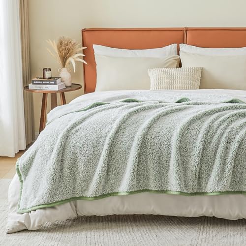 Image of EMME Soft Sherpa Fleece Blanket Reversible Plush Fluffy Large Blanket, Light Weight Warm Decorative Boho Blanket Cover for Sofa, Couch, Bedroom,Travel(Plush Sage,50 inchx60 inch)