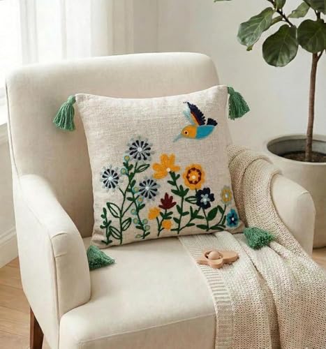 Image of Birds Flowers Embroidered Cushion Cover 16 x 16 Inches or 40x40 cms Cotton Fabric Cushion Covers for Sofa Set /Diwan Beds, Sofa Throw Pillow Cover Only, Set of 1 Pc
