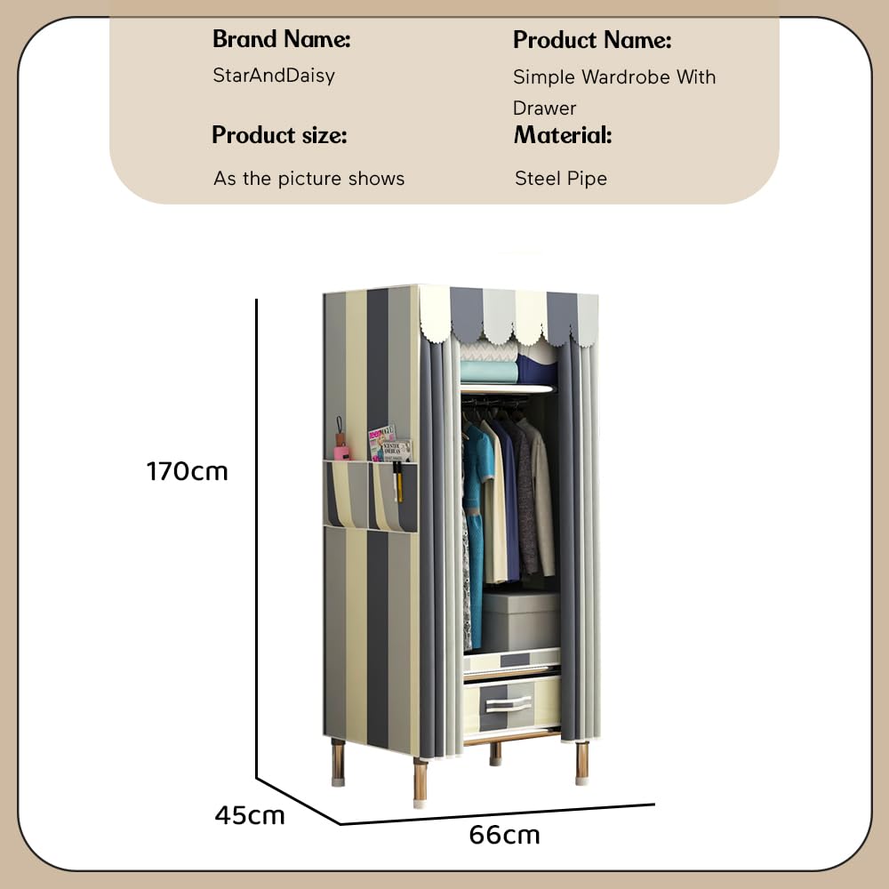StarAndDaisy Breathable Fabric, Alloy Steel Kids FoldableWardrobe with Cover & Drawers Almirah for Clothes, Accessories/Space-Saving Closet with Side Pockets & Hanging Rod (Elegance), Multicolour 3
