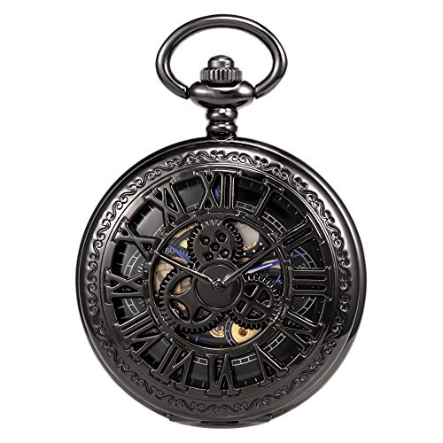 TREEWETO Relógio de bolso, esqueleto, corda manual, caixa dupla, algarismos romanos, antigo, com cai