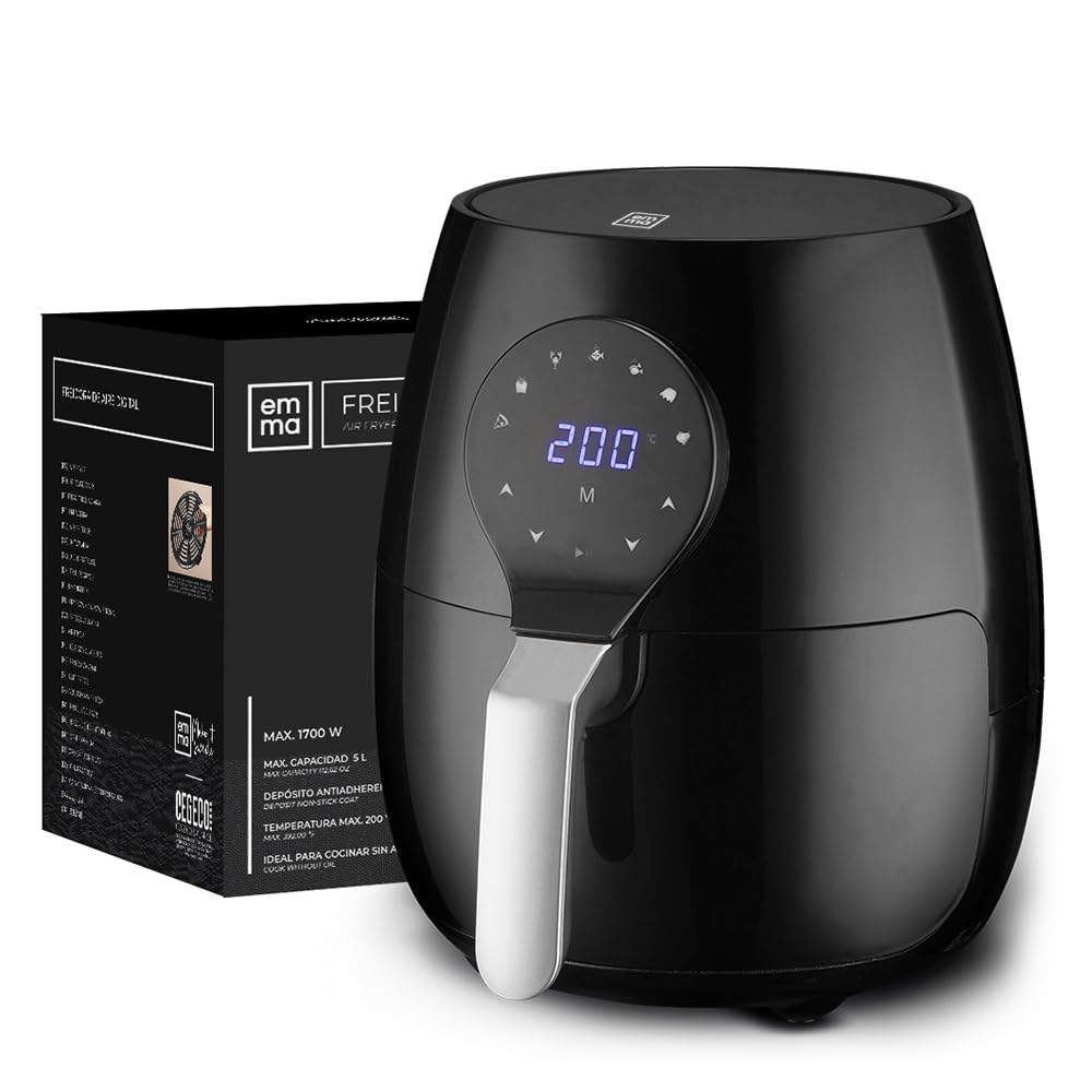 EMMA, Freidora de Aire, 5 L, Antiadherente, 1700W, 30x28.5x33 cm, Negro, Cocina Saludable sin Aceite, Cesta Antiadherente, Temperatura Ajustable, Ideal para Hogar y Familia