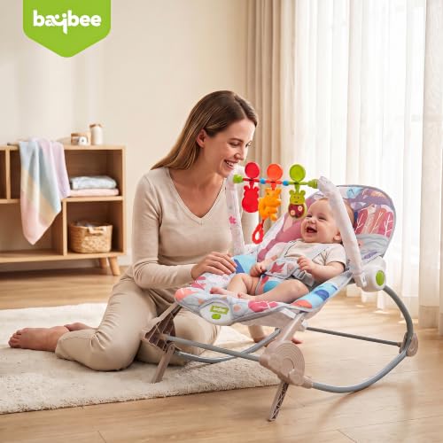 Image of Baybee 2 in 1 Baby Rocker & Bouncer, 3-Position Recline, Soothing Music, Removable Hanging Toys, Soft Cushioned Seat & Safety Harness, Rocking Chair for Newborn 0-3 Years (Grey)