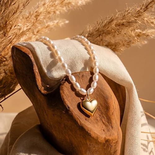 Image of Jeulia Vintage Oval Rice Pearl Choker Necklace for Women, 14K Gold Plated Andy Style Enamel Heart Pendant Dainty Beaded Pearl Jewelry Gifts for Birthday Anniversary Daily Party Wear