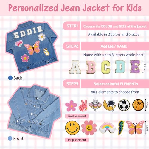 Custom Toddler Jean Jacket with Names Patches, Personalized Birthday Gifts for Kids 1-8 Years Old, Back to School Outfits for Girls & Boys - Customized Kids Denim Jacket4