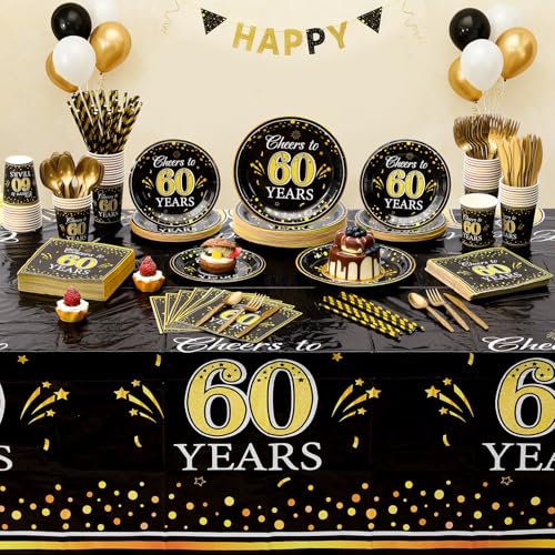 Image of Funnymoom 452 Pcs 60th Anniversary Party Decorations, Cheers to 60 Years Paper Plates Napkins Cups Tablecloth Cutlery Straws Disposable Tableware Set for 60th Birthday Party Supplies for 50 Guests