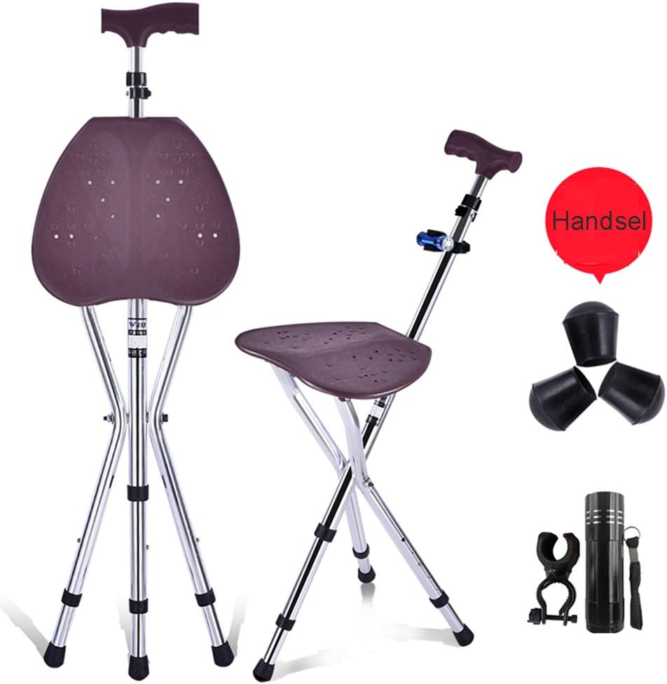 XRX Walking Cane Chair Stool Massage Walking Stick with Seat Portable Fishing Rest Stool Attached Three Tips Prongs Heavy Duty Adjustable Folding Lightweight Crutches with LED Light for Seniors