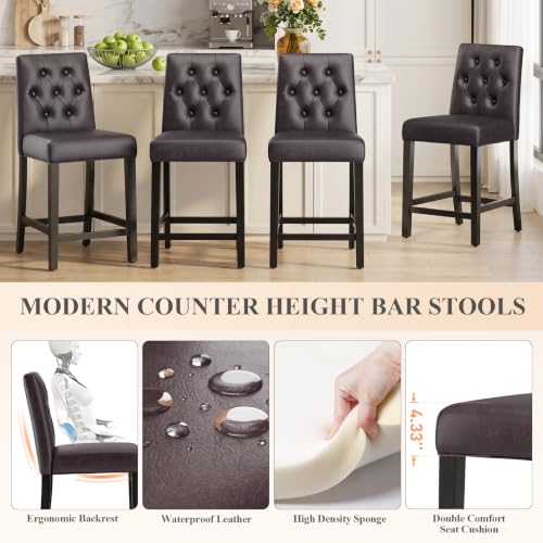 Image of MALOL Bar Stools Set of 4 Faux Leather Counter Height Bar Stools,Darkbrown