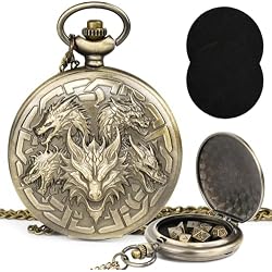 Kabinka DND Dice Set, 7pcs Mini Metal Dice with Pocket Watch Shell, Portable D&D Die with Necklace, Dungeons and Dragons Dice for RPG(Five-Headed Dragon, Bronze)
