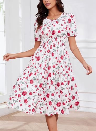 Image of Kormei Women Summer Casual Boho Floral Round Neck Short Sleeve Smocked Waist Tiered Flowy Swing Midi Dress M White /Red Floral