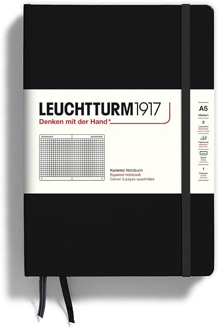 LEUCHTTURM1917 Notebook Medium A5, Hardcover, 251 Numbered Pages (Black, Squared)