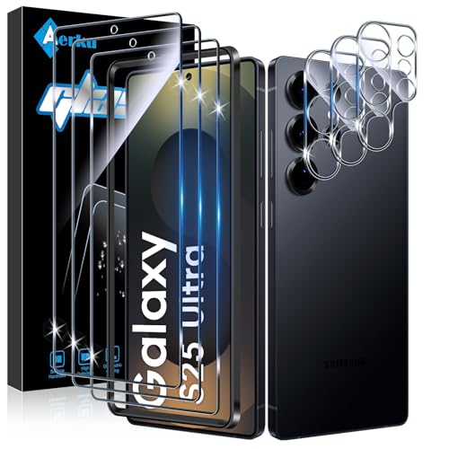 Aerku 3 Piezas Protector de Pantalla para Samsung Galaxy S25 Ultra con 3 Piezas Protector de Lente de Cámara, 0.33MM HD 9H Ultra Resistente Cristal Templado Vidrio Templado para Samsung S25 Ultra