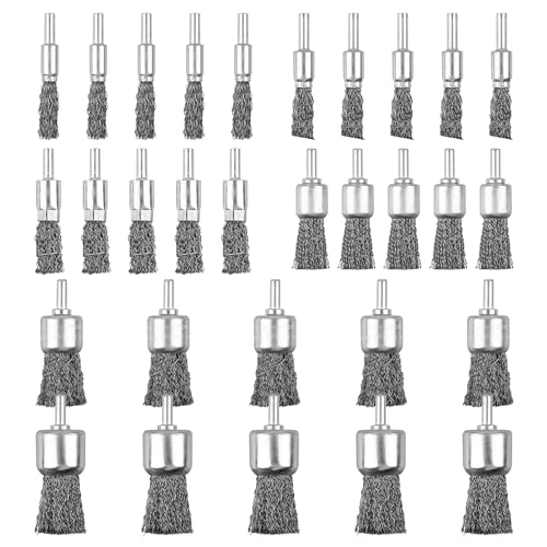 30 Pack Wire End Brush Set, 6 Sizes 0.012" Crimped Carbon Steel Wire Wheel Drill with 1/4 Inch Hex Shank