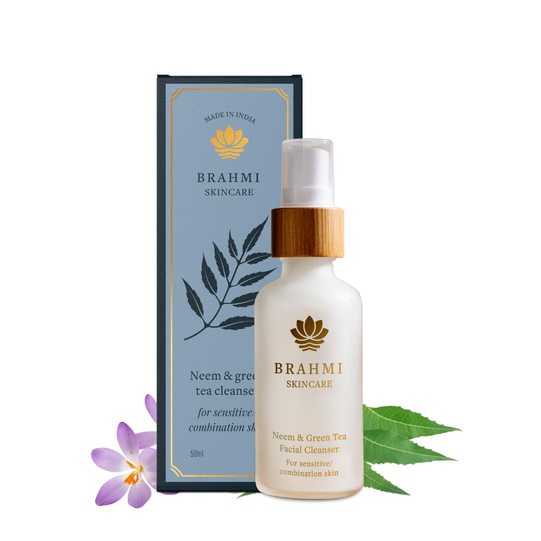 Brahmi Neem & Green Tea Face Cleanser for Sensitive & Combination Skin with Oily T- Zone | Daily Hydrating Cleanser | Deeply Cleanse Clogged Pores & Impurities | 100% Vegan | 100% Paraben & Sulfate Free | Ayurvedic Formulation | Men & Women | 50ml/1.7oz