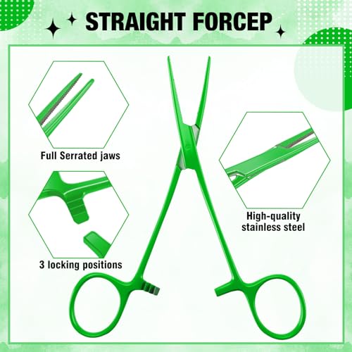 Image of BBTO Hemostat Curved and Straight Hemostat Forceps Piercing Pliers Forceps, Stainless Steel Straight and Curved Pliers, Fishing Tweezer(Green,2 Pcs)
