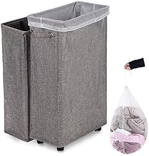 Laundry Hamper, Caroeas 27" Burlap Rolling Laundry Hamper Collapsible Tall & Slim Laundry Basket with Breathable Wash Bag Waterproof & Dustproof Laundry Cart on Wheels (Grey Linen)