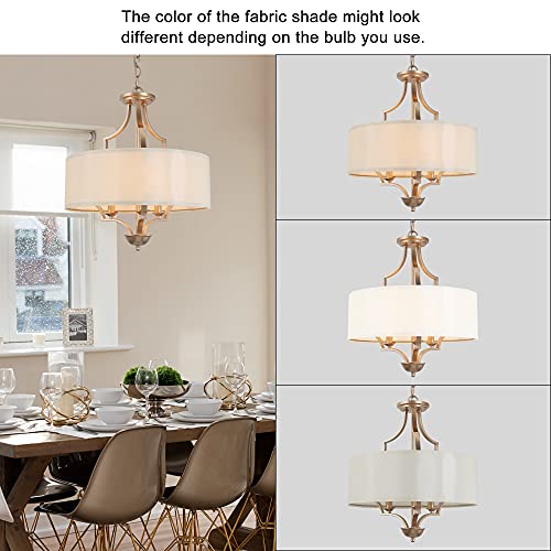 Durent Lighting Gold Chandelier, 3-Light Modern Drum Hanging Pendant Lighting Fixture With White Fabric Shade For Bedroom, Dining Room, Kitchen, Foyer And Living Room #TOP5